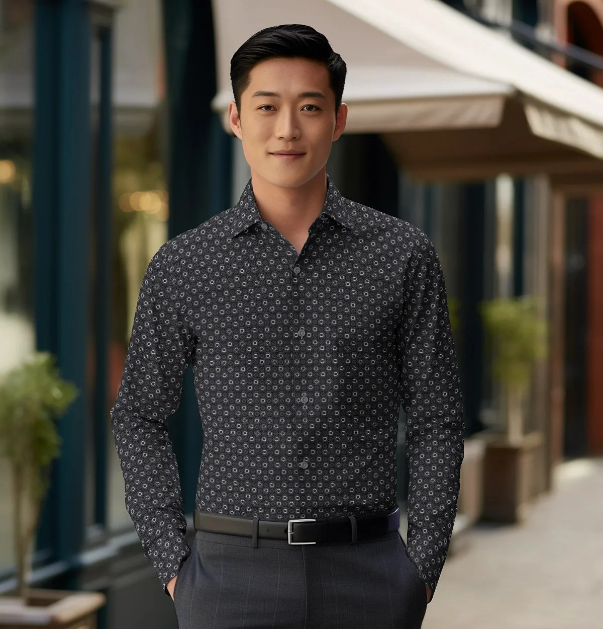 Pure Cotton - Semi-Spread Collar - Long Sleeve - Dark Gray Floral Maze sold by Airthreads product image thumbnail 3