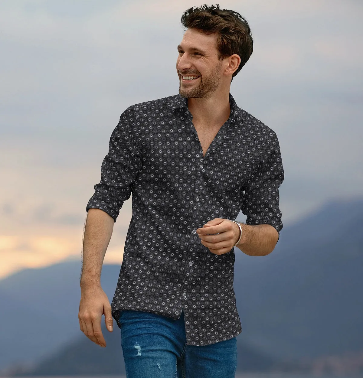 Pure Cotton - Semi-Spread Collar - Long Sleeve - Dark Gray Floral Maze sold by Airthreads product image thumbnail 4