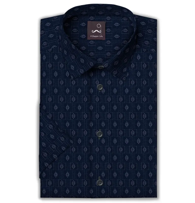 Pure Cotton - Semi-Spread Collar - Short Sleeve - Navy Floral Medallion sold by Airthreads