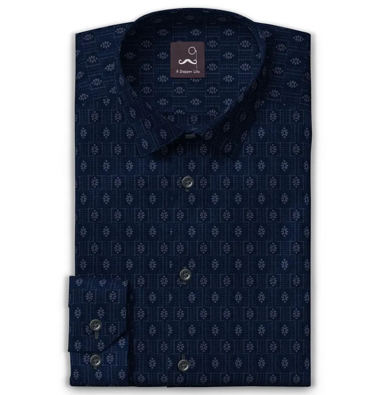 Pure Cotton - Semi-Spread Collar - Long Sleeve - Navy Floral Medallion sold by Airthreads
