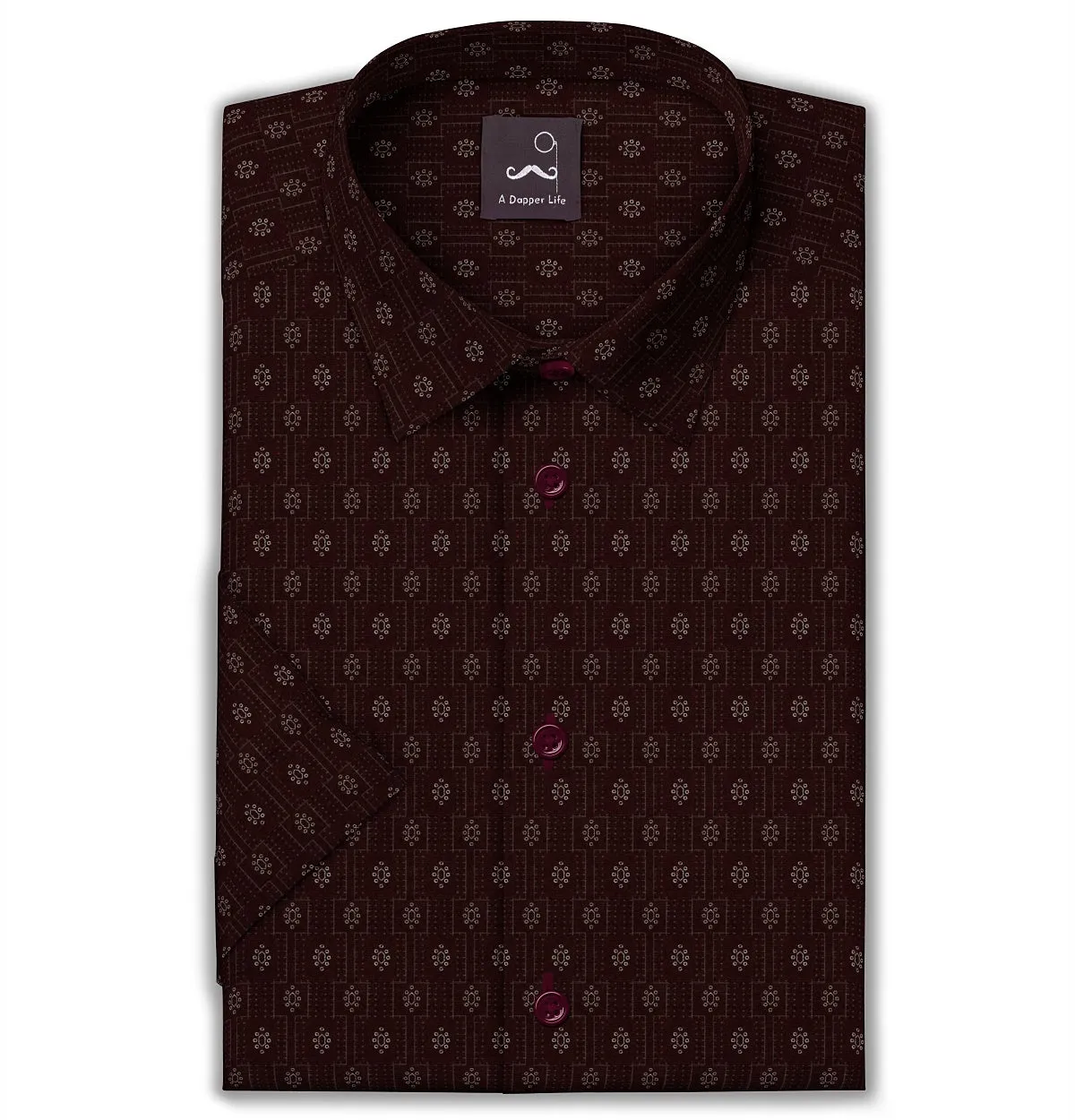 Pure Cotton - Semi-Spread Collar - Short Sleeve - Maroon Floral Medallion sold by Airthreads
