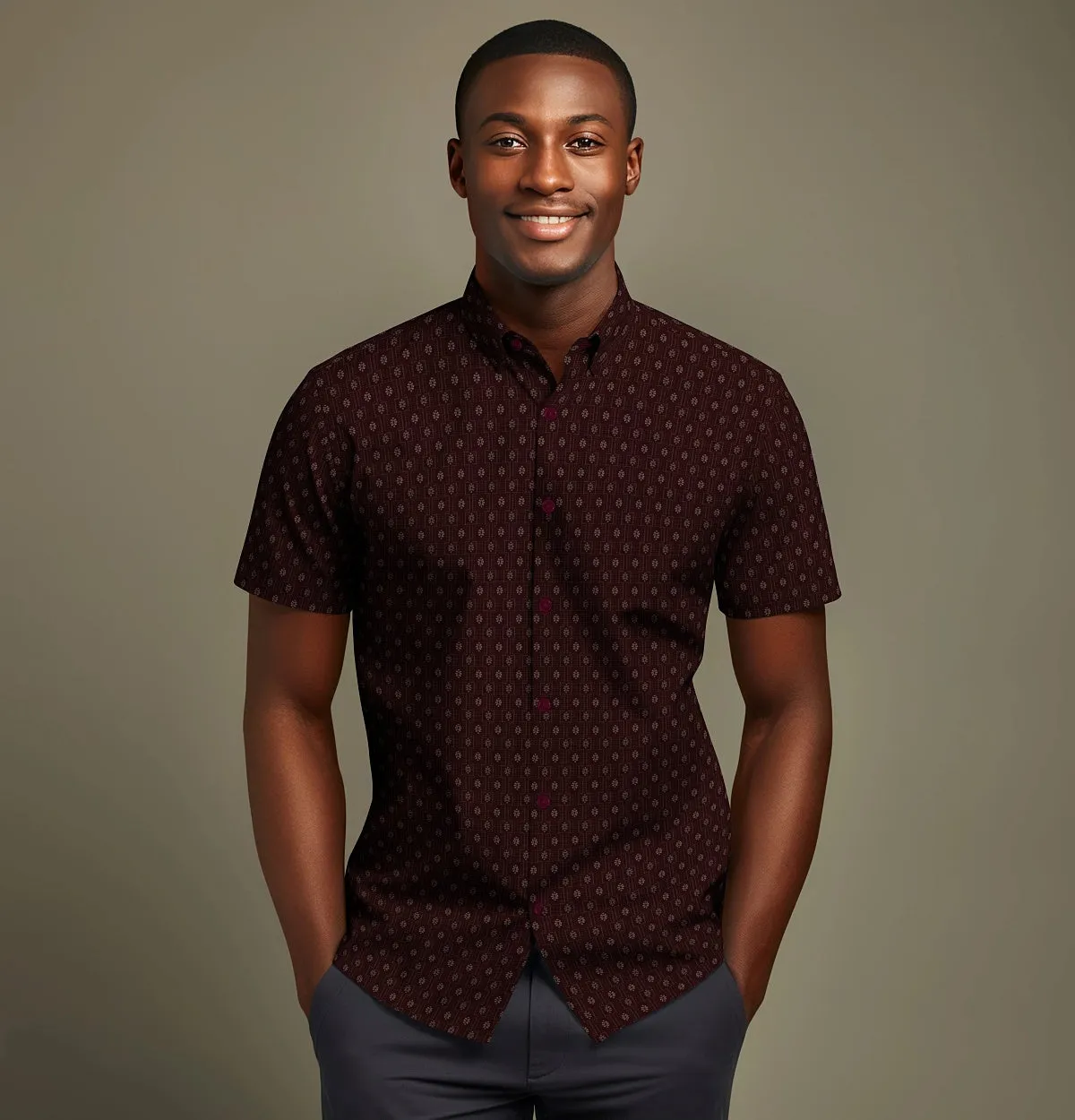 Pure Cotton - Semi-Spread Collar - Short Sleeve - Maroon Floral Medallion sold by Airthreads product image thumbnail 5