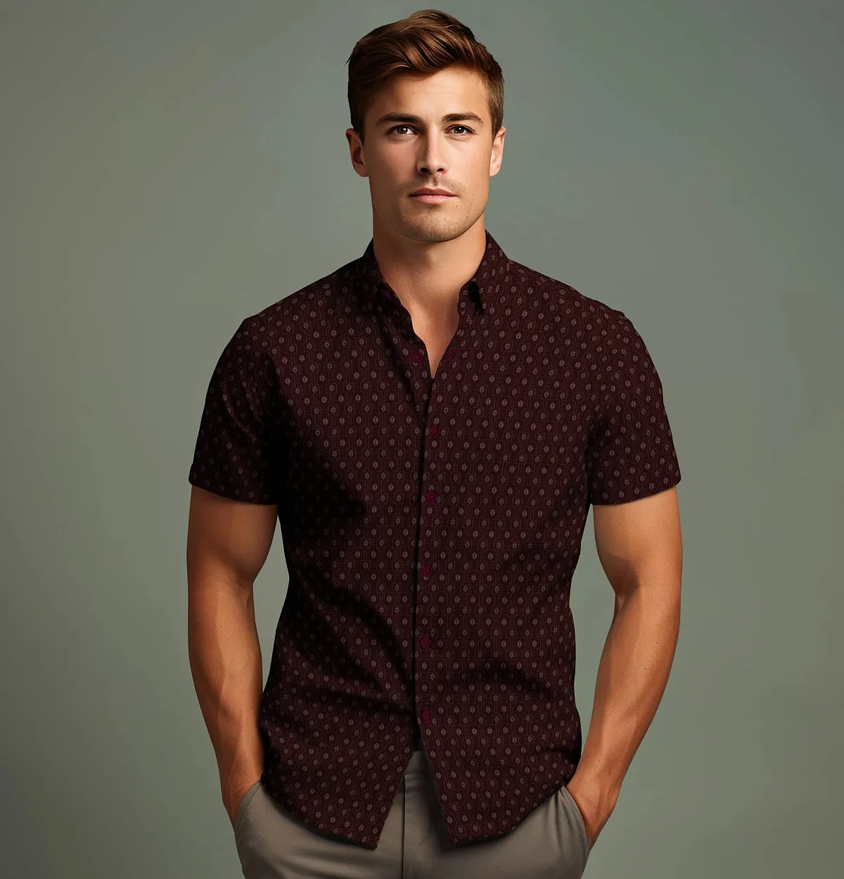 Pure Cotton - Semi-Spread Collar - Short Sleeve - Maroon Floral Medallion sold by Airthreads product image thumbnail 4
