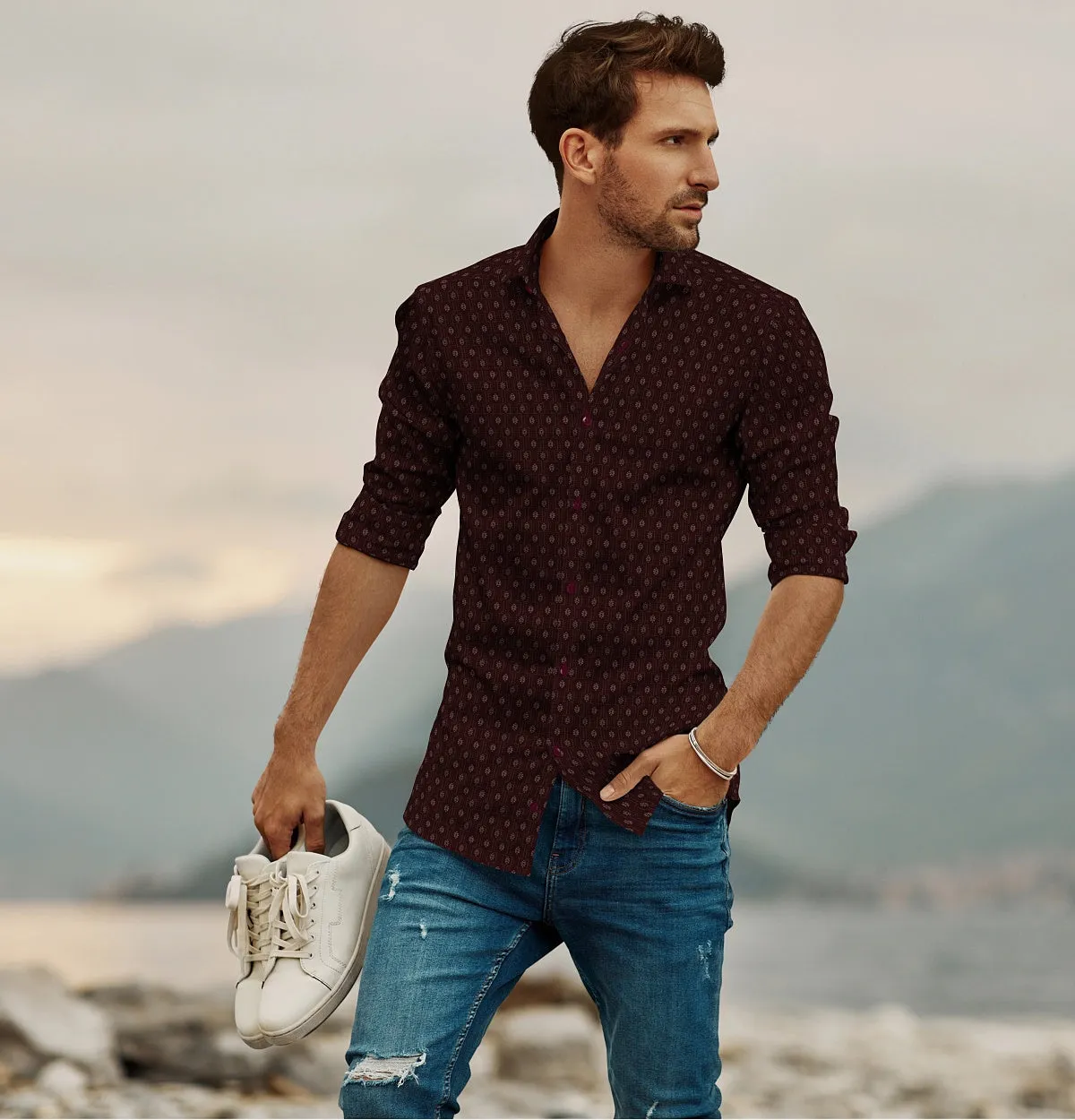 Pure Cotton - Semi-Spread Collar - Long Sleeve - Maroon Floral Medallion sold by Airthreads product image thumbnail 4