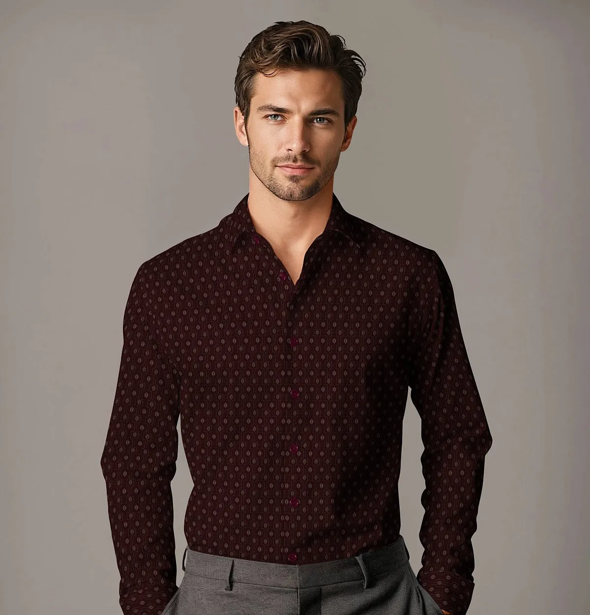 Pure Cotton - Semi-Spread Collar - Long Sleeve - Maroon Floral Medallion sold by Airthreads product image thumbnail 3