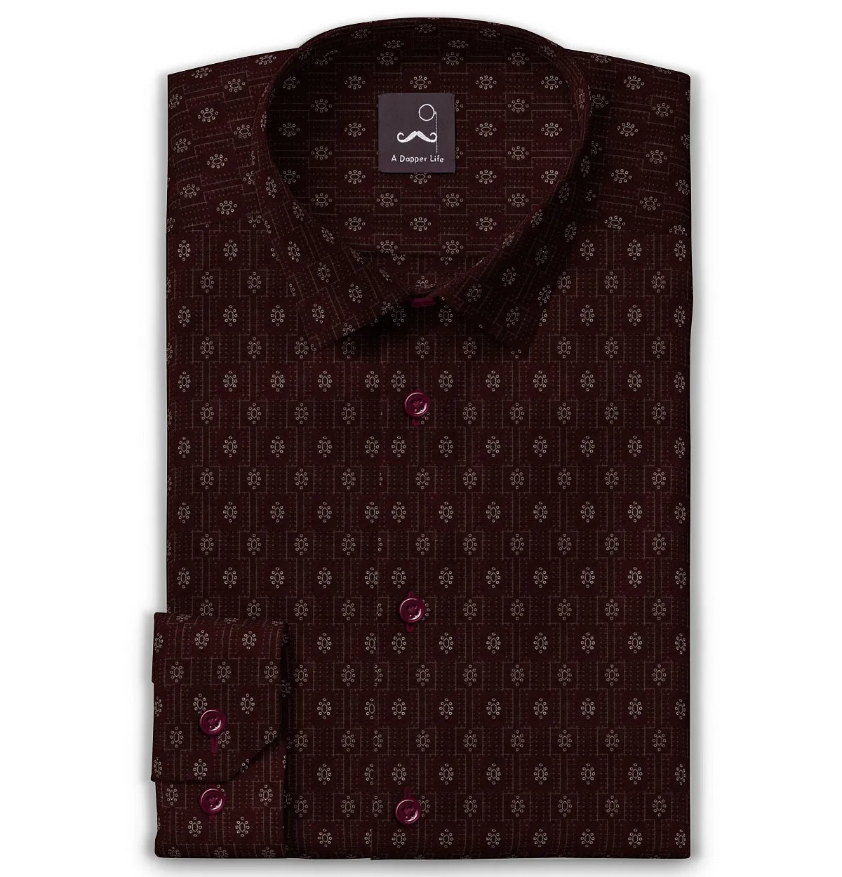 Pure Cotton - Semi-Spread Collar - Long Sleeve - Maroon Floral Medallion sold by Airthreads