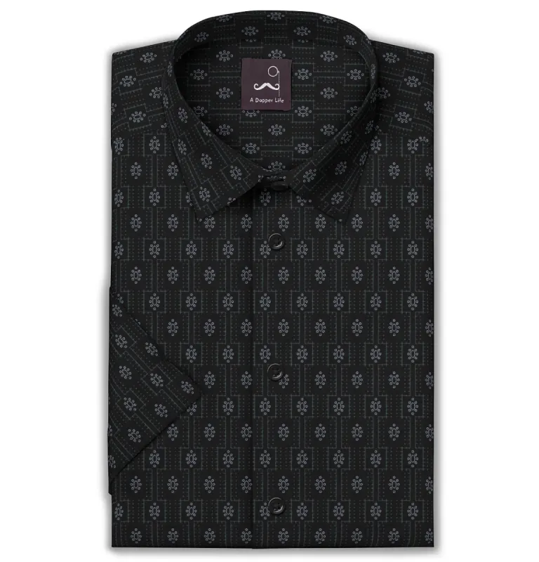 Pure Cotton - Semi-Spread Collar - Short Sleeve - Black Floral Medallion sold by Airthreads