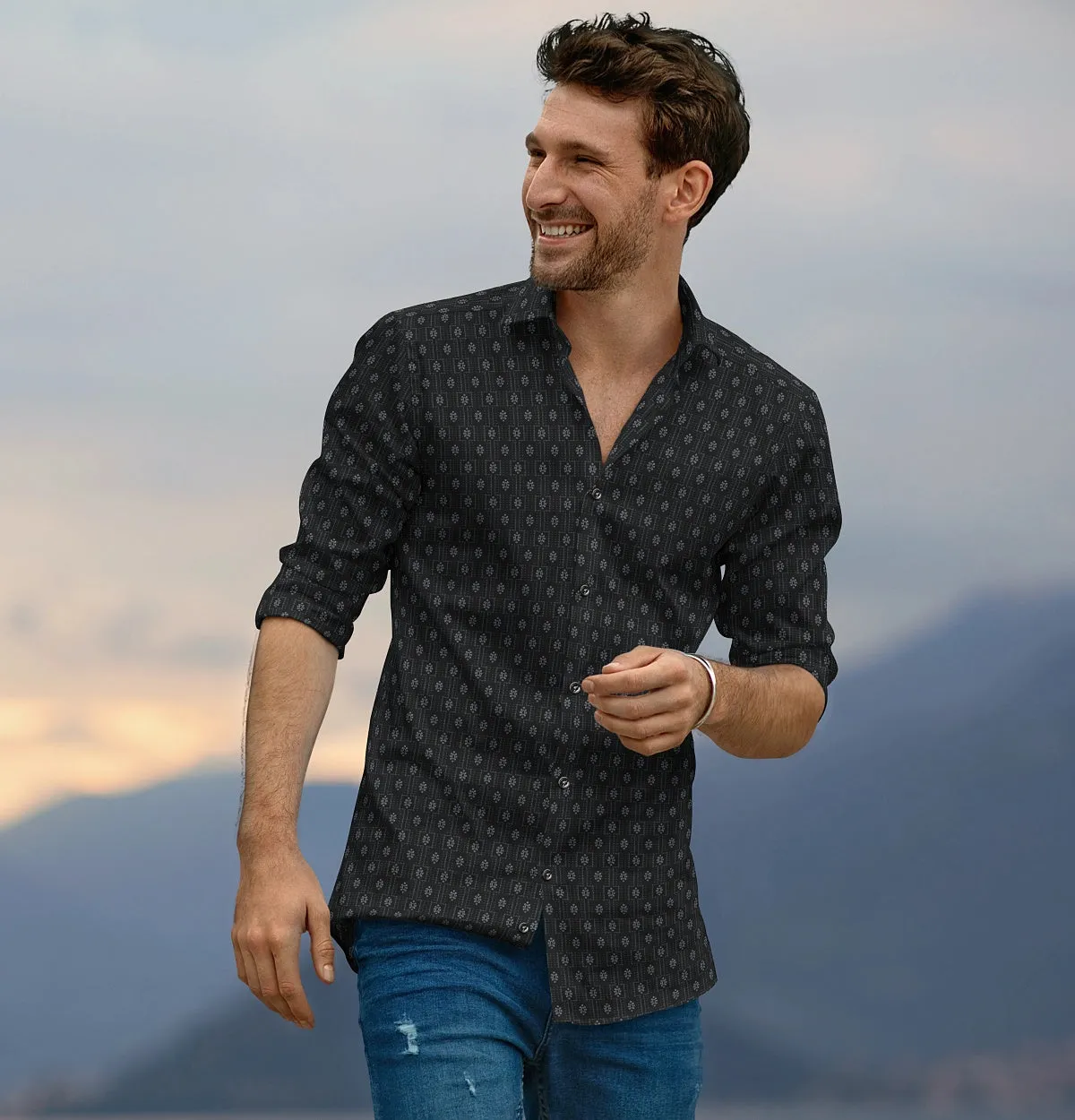 Pure Cotton - Semi-Spread Collar - Long Sleeve - Black Floral Medallion sold by Airthreads product image thumbnail 4