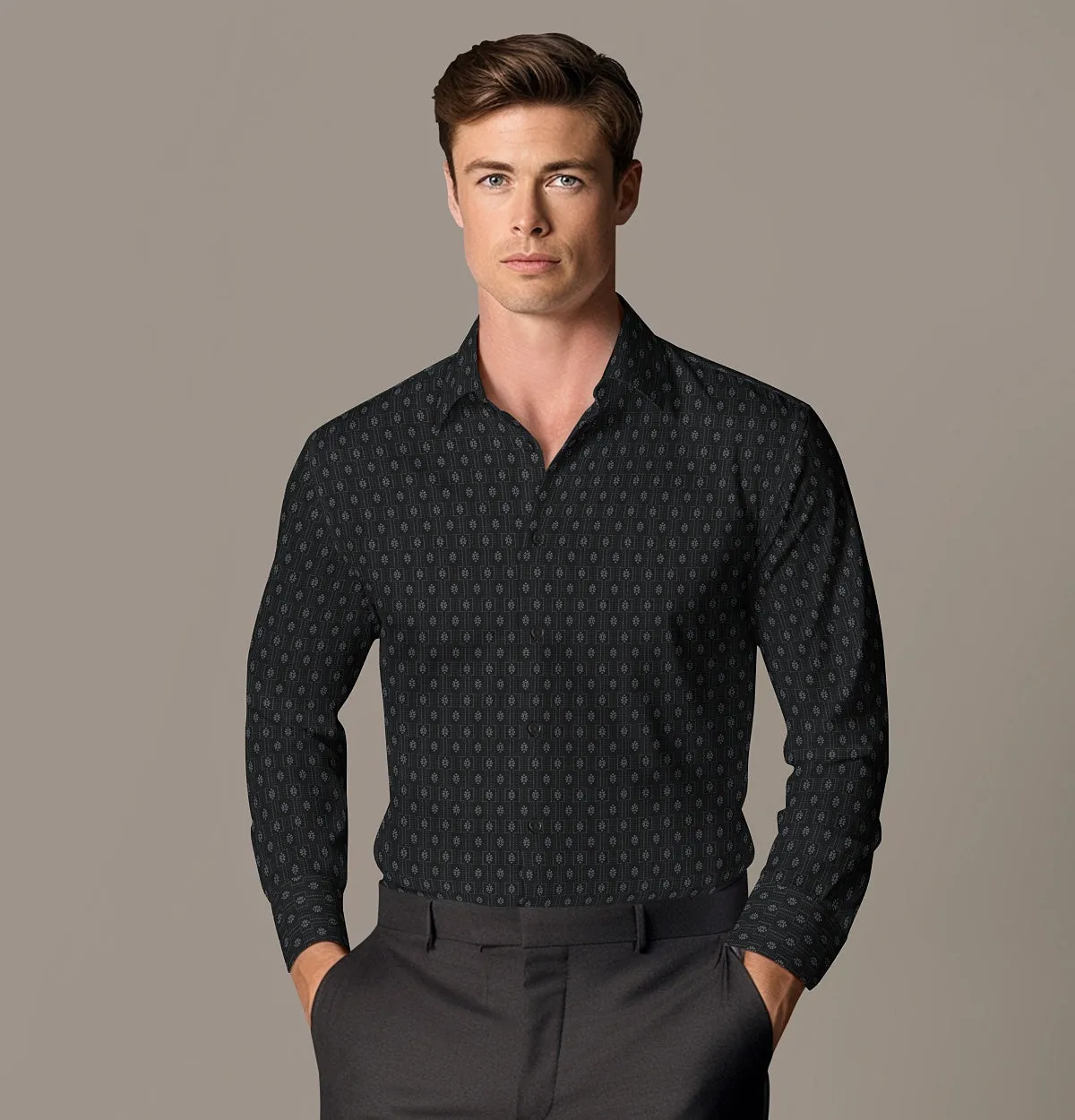 Pure Cotton - Semi-Spread Collar - Long Sleeve - Black Floral Medallion sold by Airthreads product image thumbnail 3