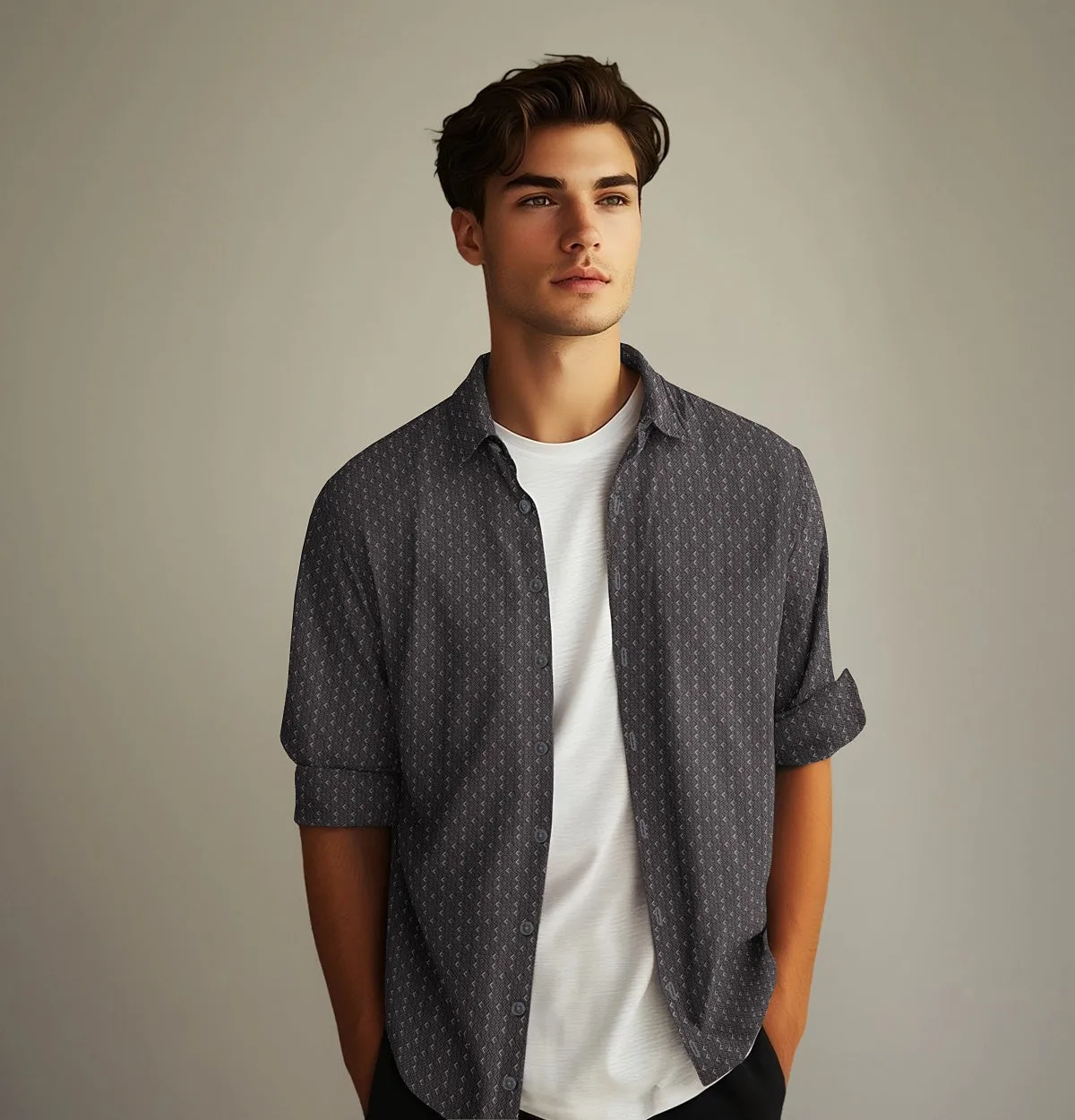 Pure Cotton - Semi-Spread Collar - Long Sleeve - Gray Diamond Lattice sold by Airthreads product image thumbnail 5