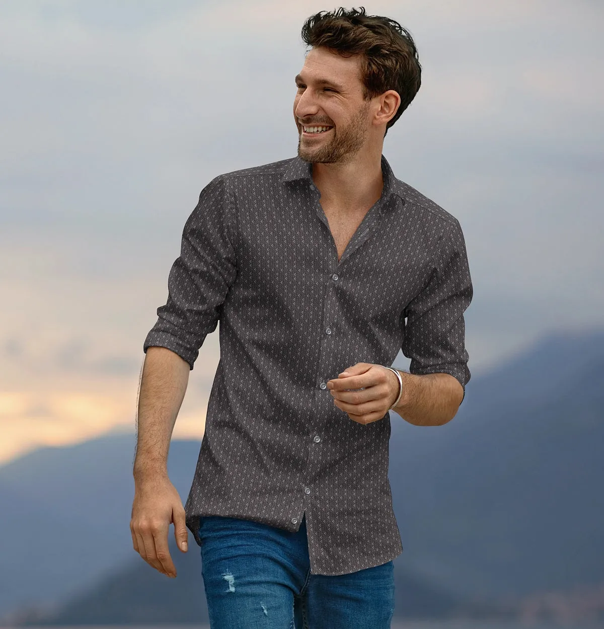 Pure Cotton - Semi-Spread Collar - Long Sleeve - Gray Diamond Lattice sold by Airthreads product image thumbnail 4