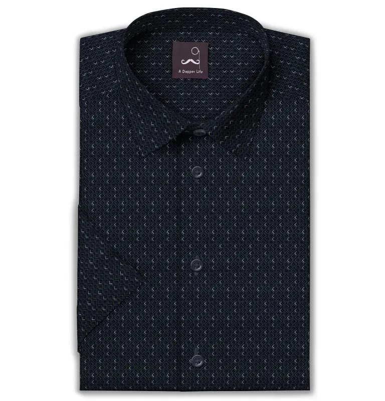 Pure Cotton - Semi-Spread Collar - Short Sleeve - Navy Diamond Lattice sold by Airthreads