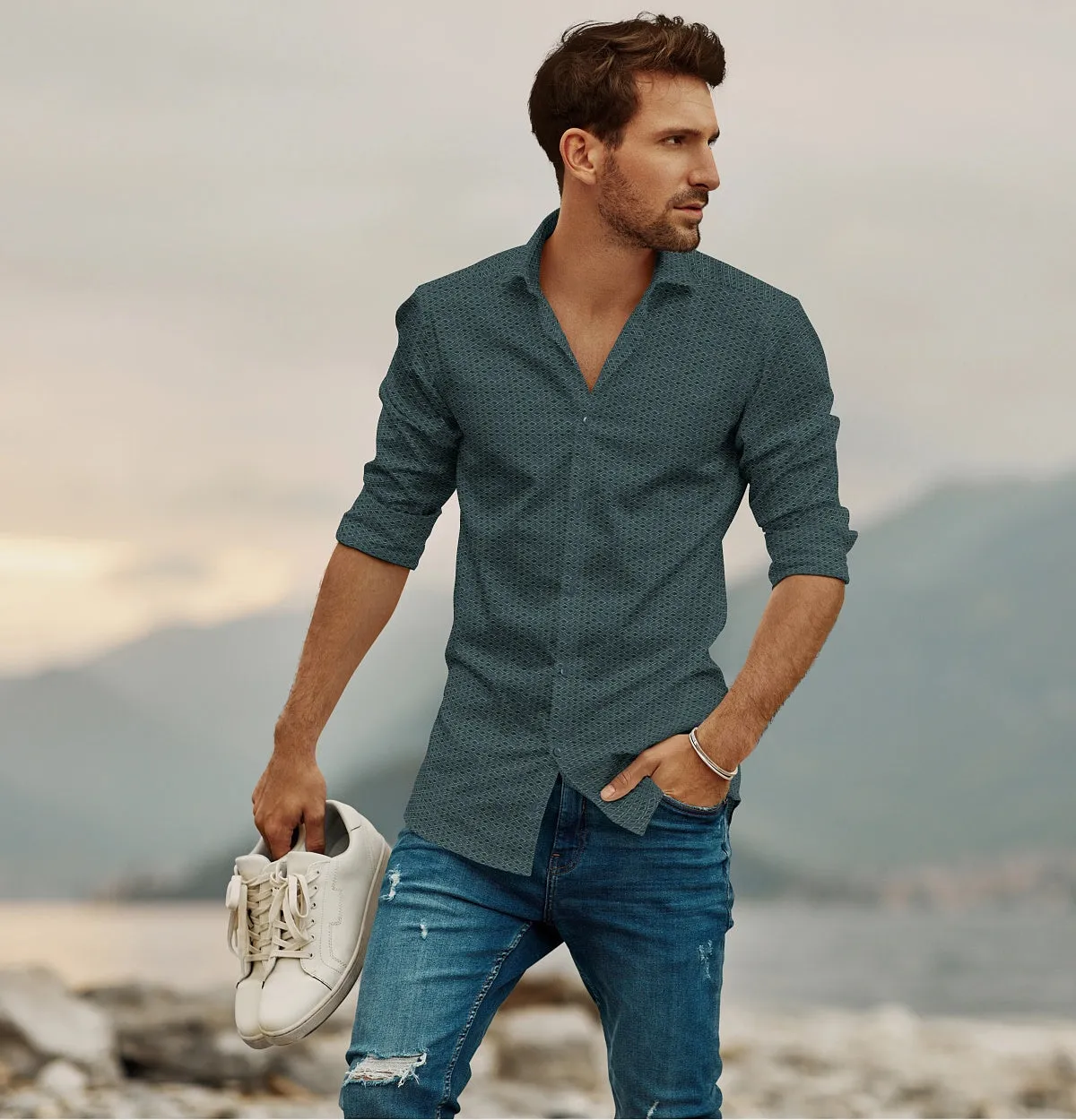 Pure Cotton - Semi-Spread Collar - Long Sleeve - Teal Frame sold by Airthreads product image thumbnail 4