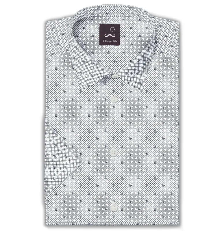 Pure Cotton - Semi-Spread Collar - Short Sleeve - White Leaf Mesh sold by Airthreads