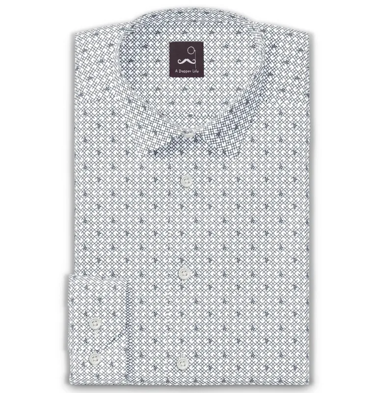 Pure Cotton - Semi-Spread Collar - Long Sleeve - White Leaf Mesh sold by Airthreads