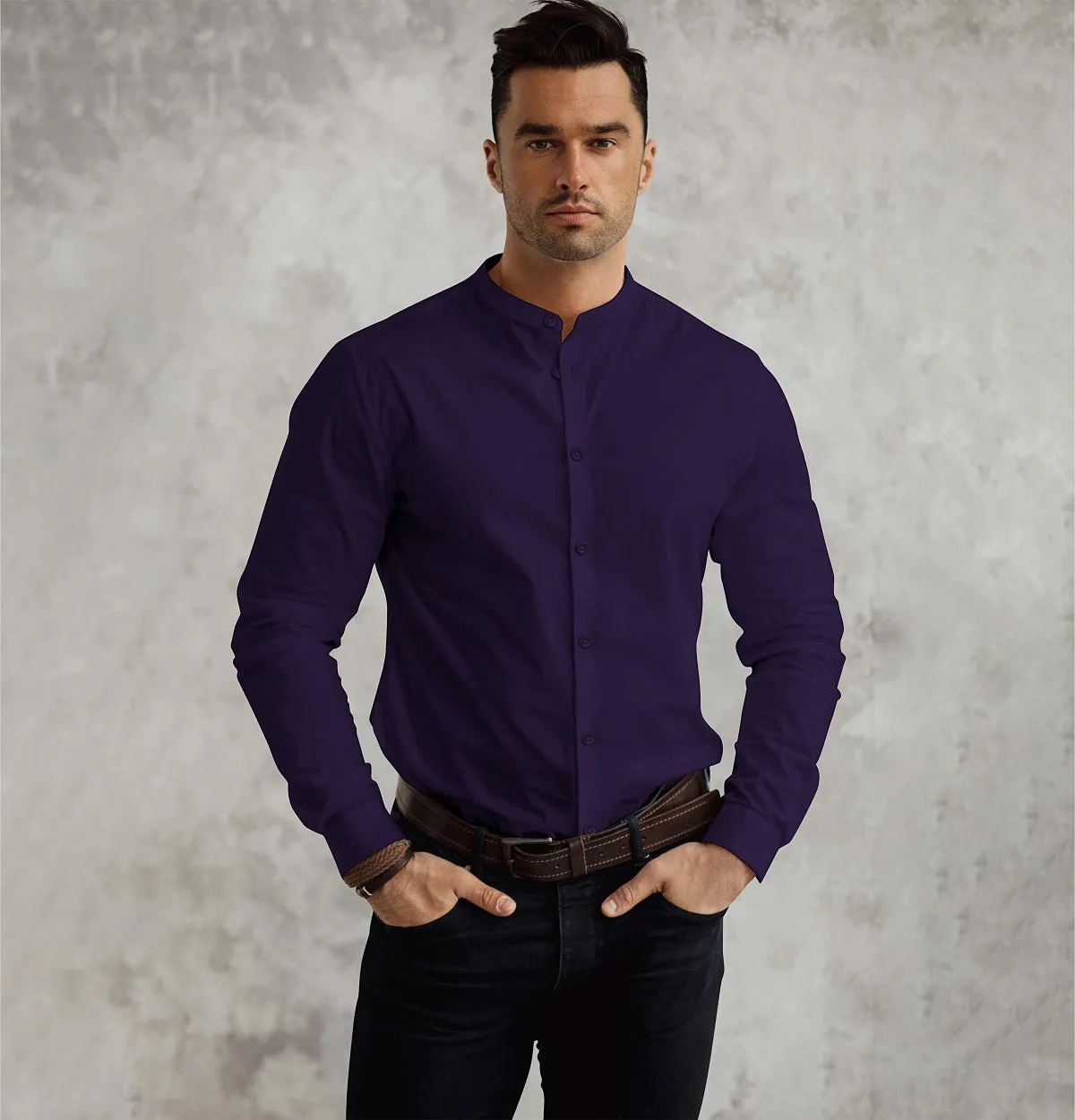 Wrinkle-Resistant - Band Collar - Long Sleeve - Deep Purple sold by Airthreads product image thumbnail 4