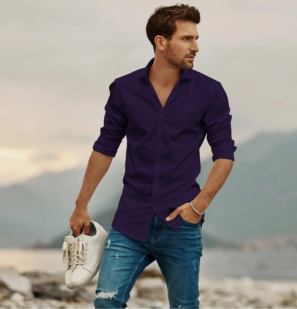 Wrinkle-Resistant - Semi-Spread Collar - Long Sleeve - Deep Purple sold by Airthreads product image thumbnail 3