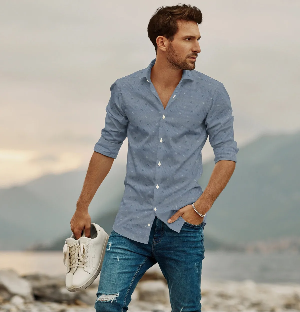 Pure Cotton - Semi-Spread Collar - Long Sleeve - Dusty Blue Leaf Grid sold by Airthreads product image thumbnail 4