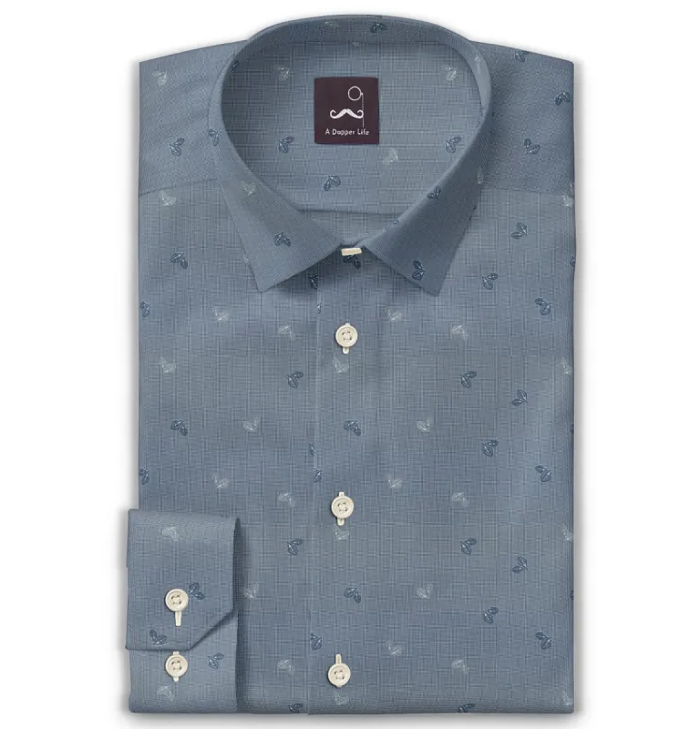 Pure Cotton - Semi-Spread Collar - Long Sleeve - Dusty Blue Leaf Grid sold by Airthreads