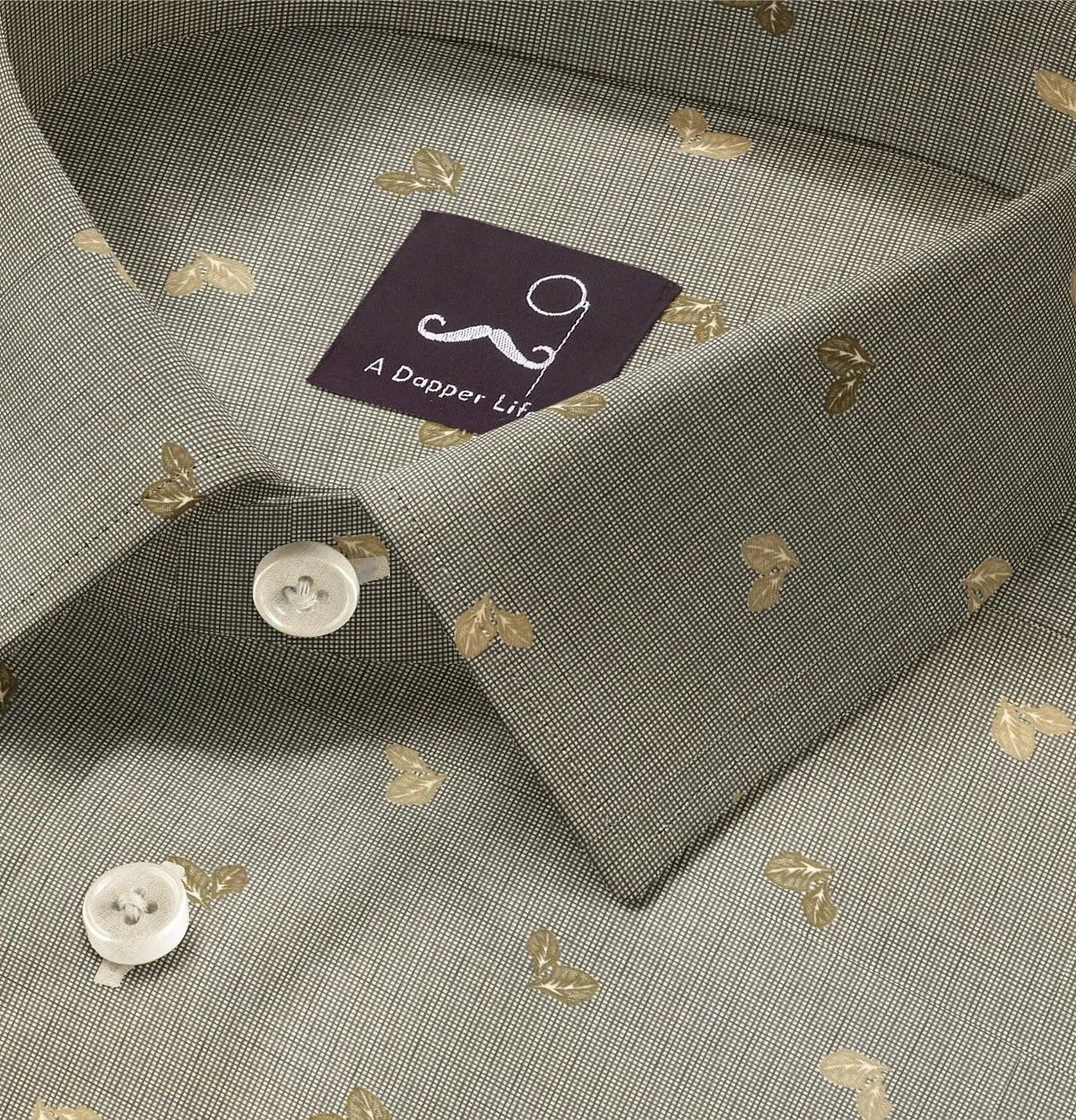 Pure Cotton - Semi-Spread Collar - Short Sleeve - Beige Leaf Grid sold by Airthreads product image thumbnail 2