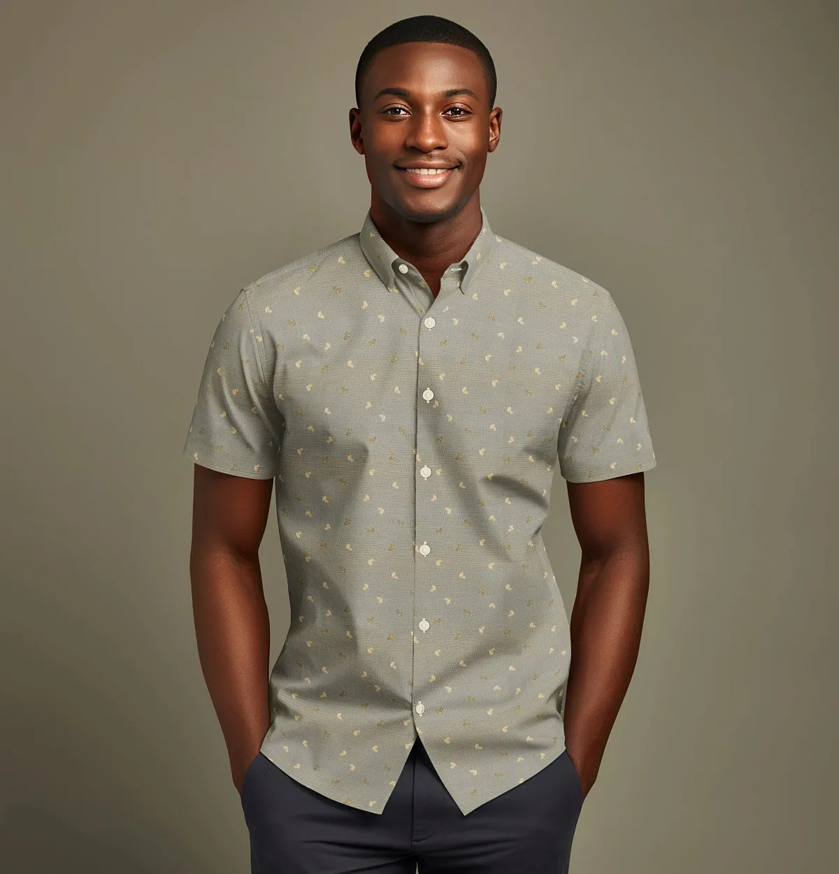 Pure Cotton - Semi-Spread Collar - Short Sleeve - Beige Leaf Grid sold by Airthreads product image thumbnail 4