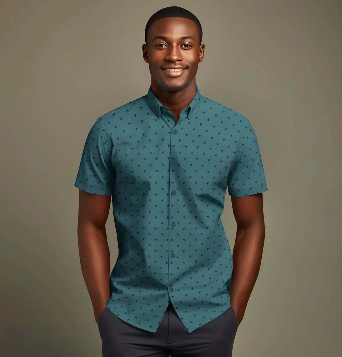 Pure Cotton - Semi-Spread Collar - Short Sleeve - Teal Palms sold by Airthreads product image thumbnail 4