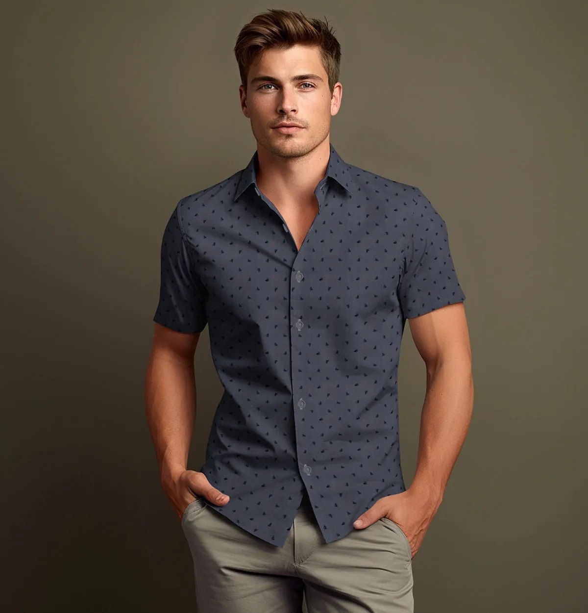 Pure Cotton - Semi-Spread Collar - Short Sleeve - Gray Palms sold by Airthreads product image thumbnail 4