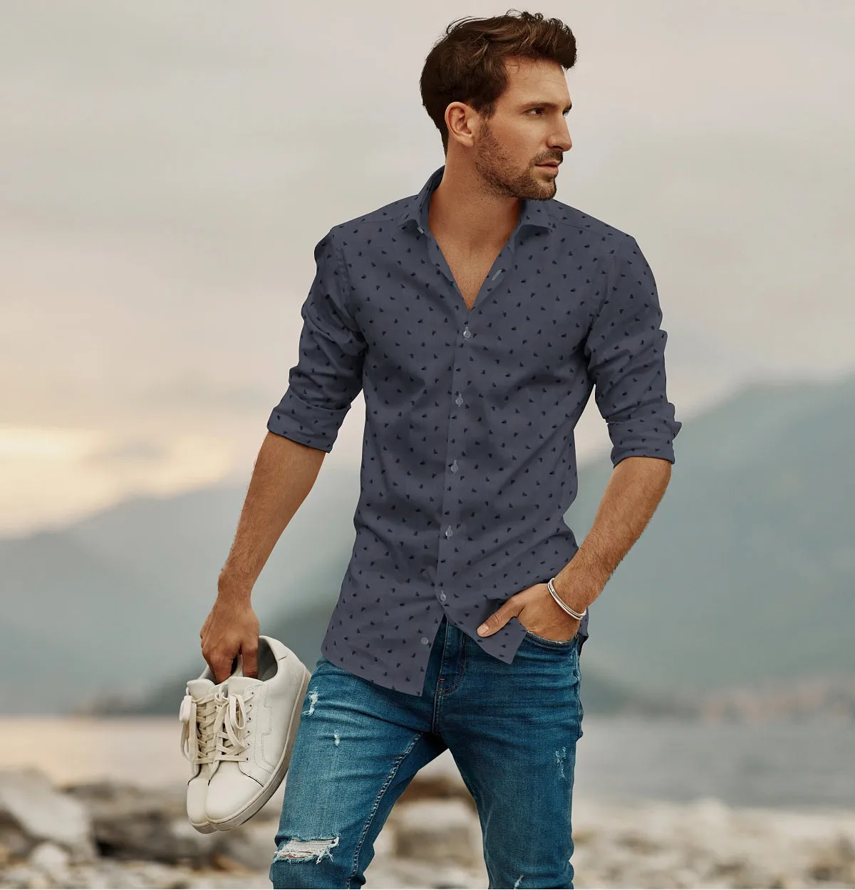 Pure Cotton - Semi-Spread Collar - Long Sleeve - Gray Palms sold by Airthreads product image thumbnail 3