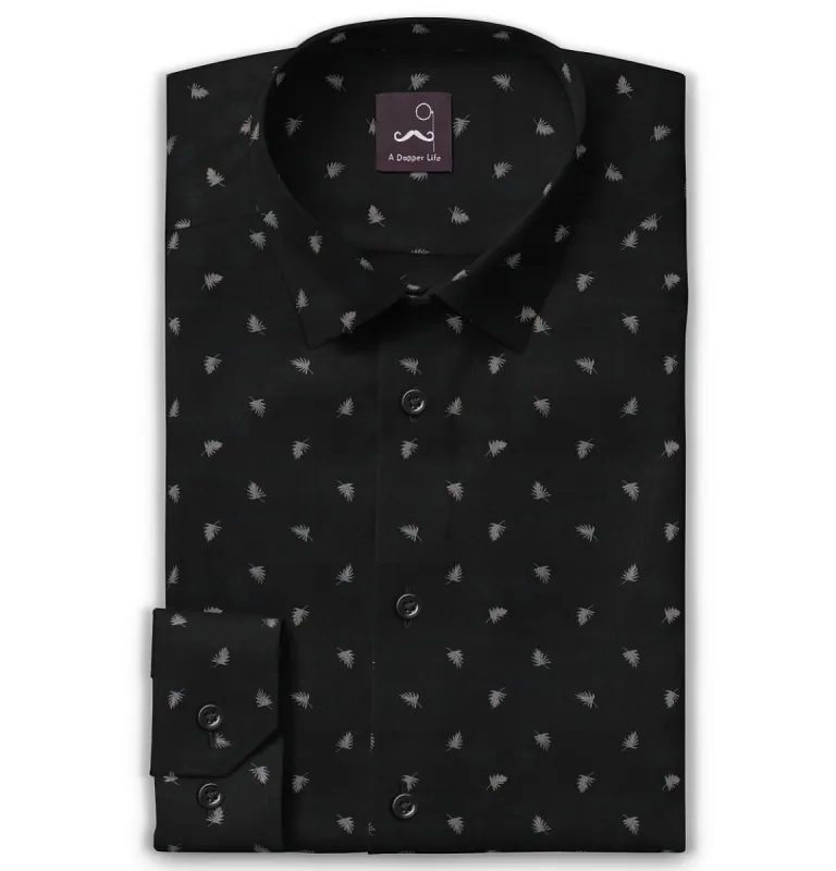 Pure Cotton - Semi-Spread Collar - Long Sleeve - Black Palms sold by Airthreads