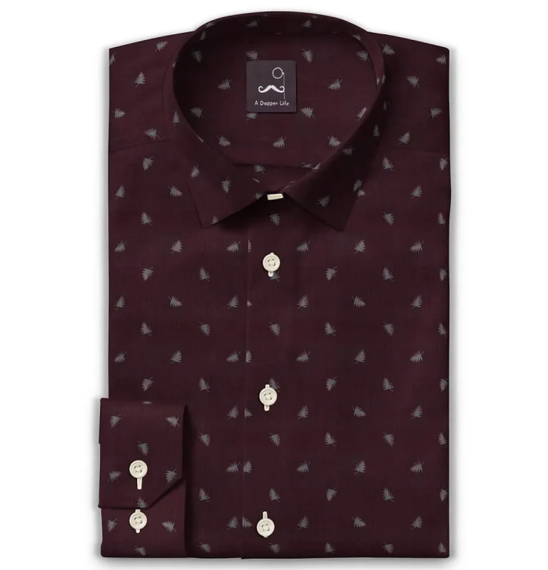 Pure Cotton - Semi-Spread Collar - Long Sleeve - Maroon Palms sold by Airthreads