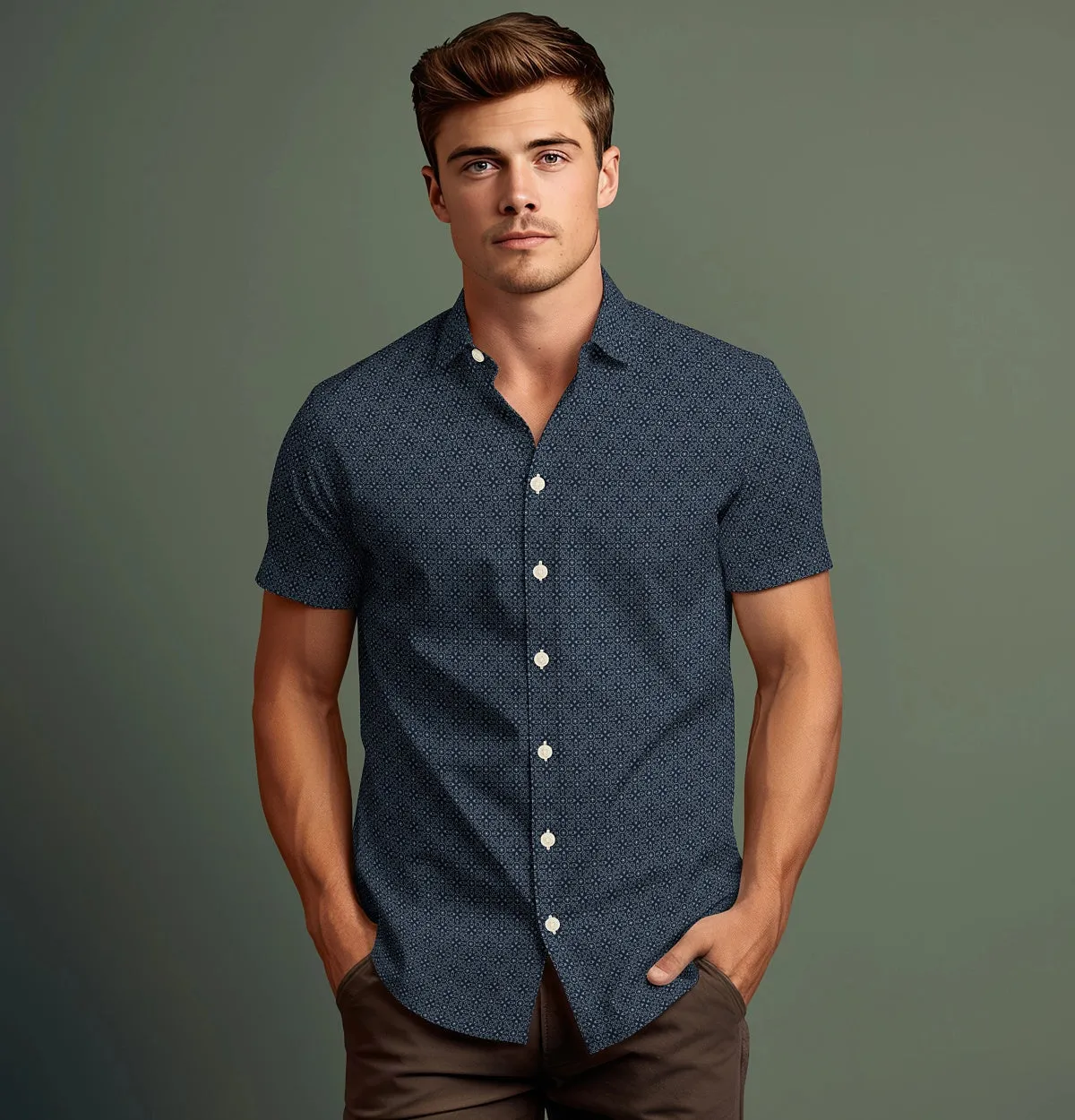 Pure Cotton - Semi-Spread Collar - Short Sleeve - Navy Floral Print sold by Airthreads product image thumbnail 4