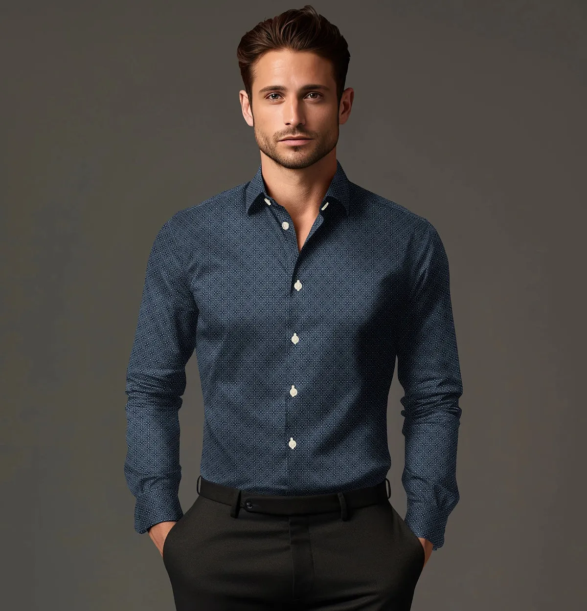 Pure Cotton - Semi-Spread Collar - Long Sleeve - Navy Floral Print sold by Airthreads product image thumbnail 3