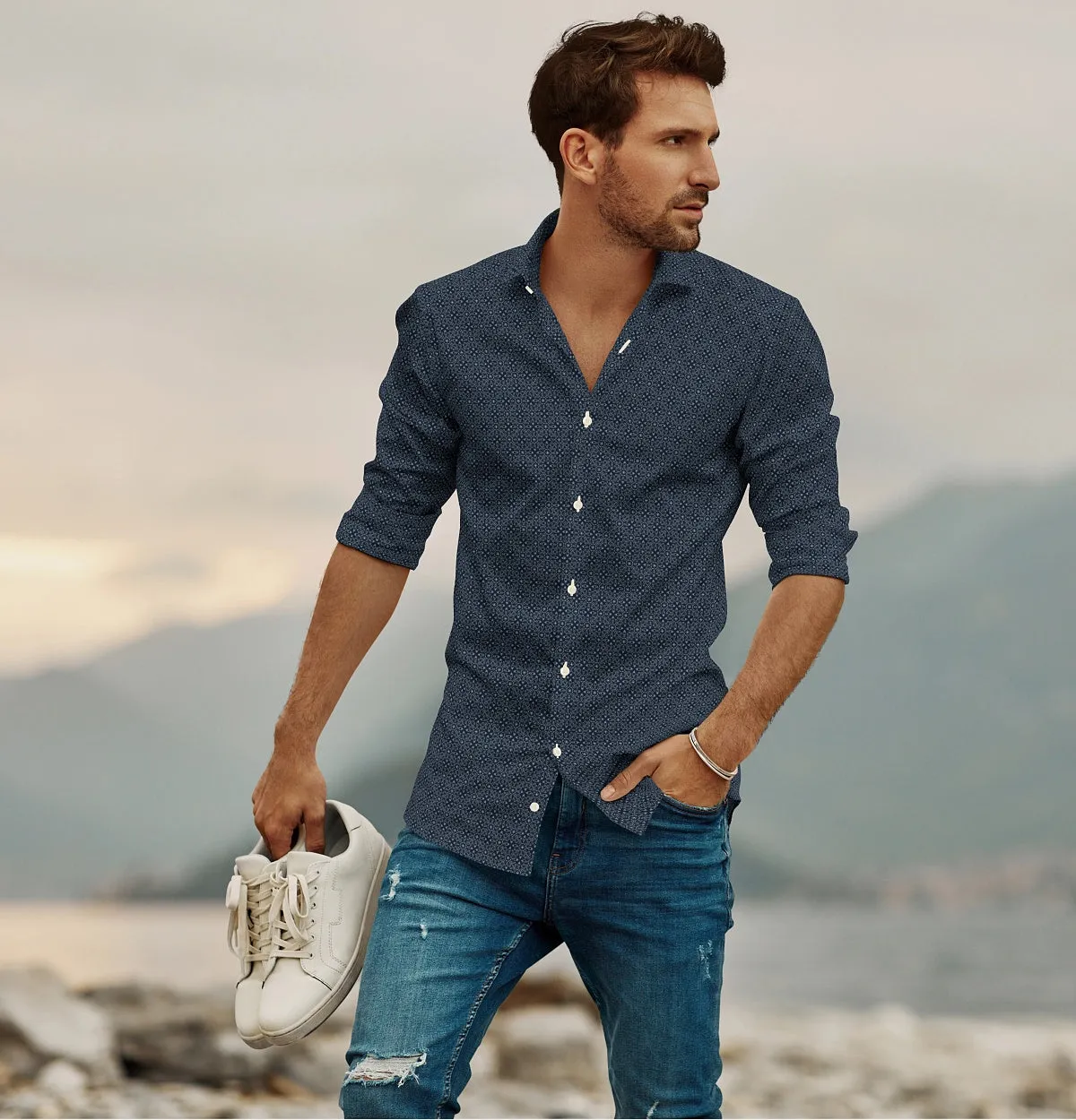 Pure Cotton - Semi-Spread Collar - Long Sleeve - Navy Floral Print sold by Airthreads product image thumbnail 4