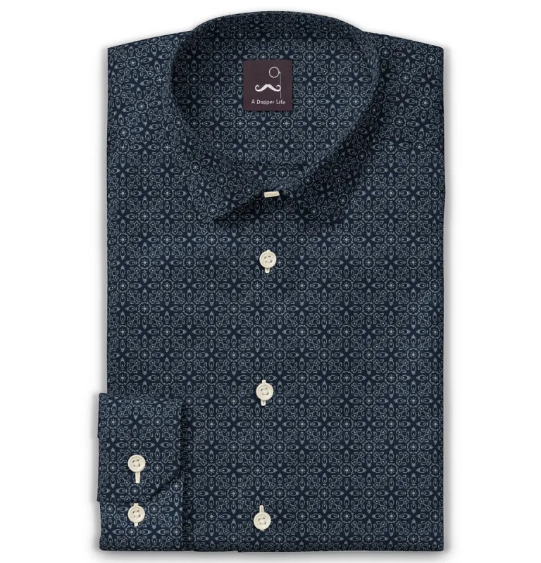 Pure Cotton - Semi-Spread Collar - Long Sleeve - Navy Floral Print sold by Airthreads