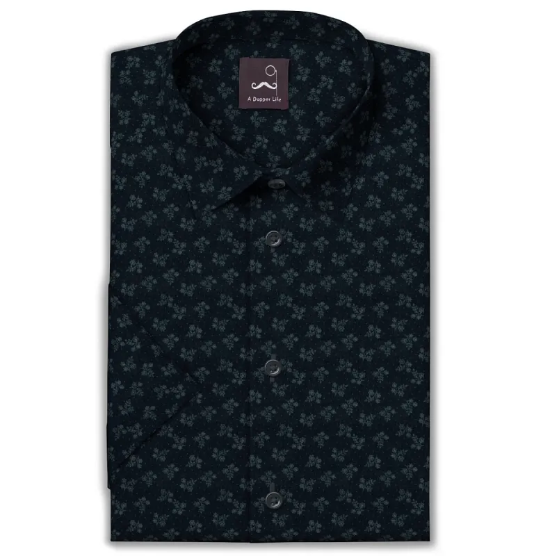 Pure Cotton - Semi-Spread Collar - Short Sleeve - Navy Floral sold by Airthreads