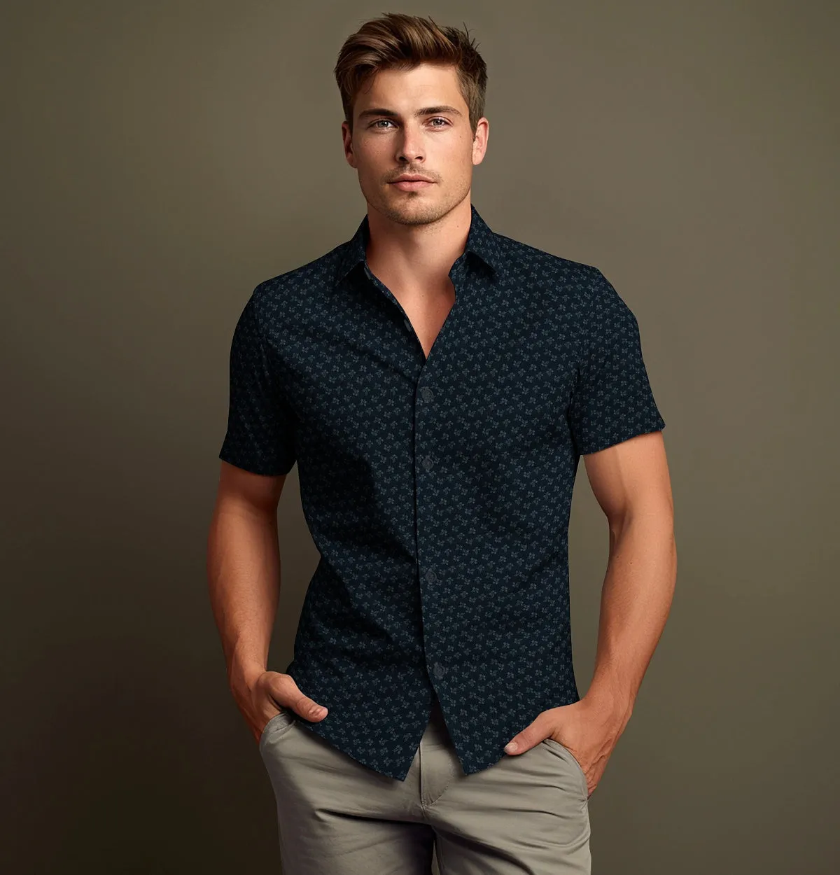 Pure Cotton - Semi-Spread Collar - Short Sleeve - Navy Floral sold by Airthreads product image thumbnail 4