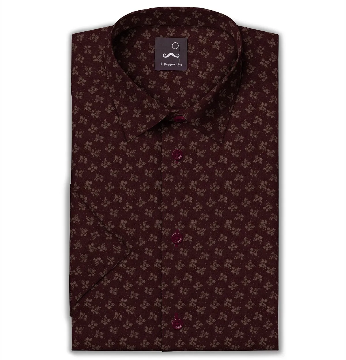 Pure Cotton - Semi-Spread Collar - Short Sleeve - Maroon Floral sold by Airthreads