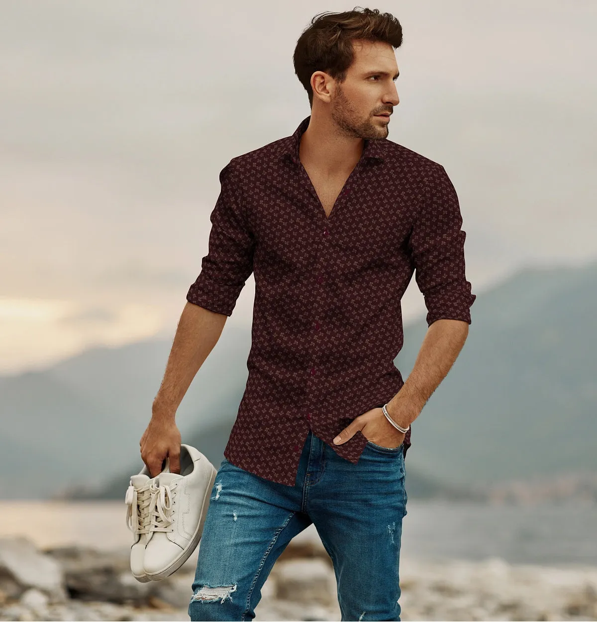 Pure Cotton - Semi-Spread Collar - Long Sleeve - Maroon Floral sold by Airthreads product image thumbnail 4