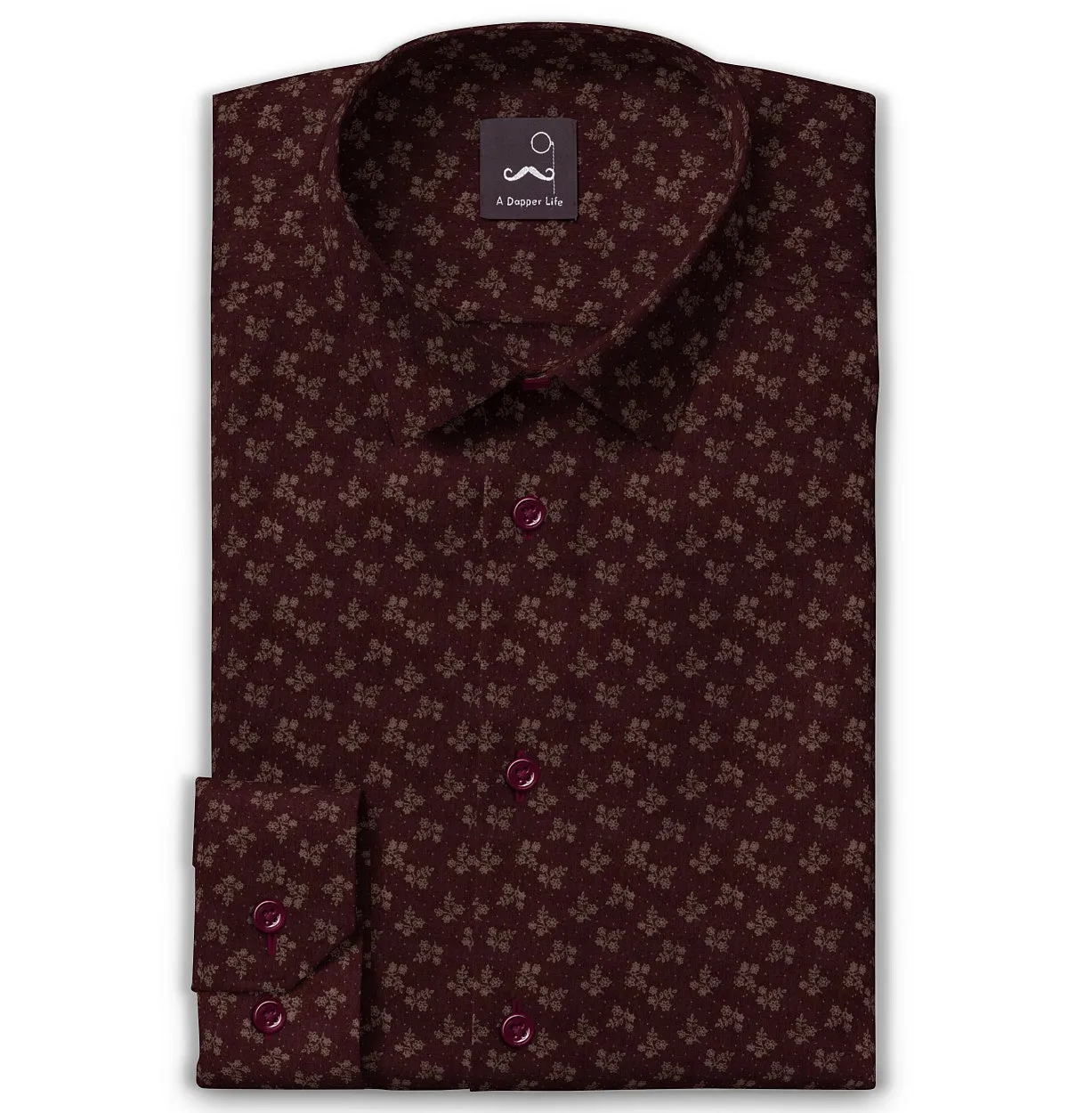 Pure Cotton - Semi-Spread Collar - Long Sleeve - Maroon Floral sold by Airthreads