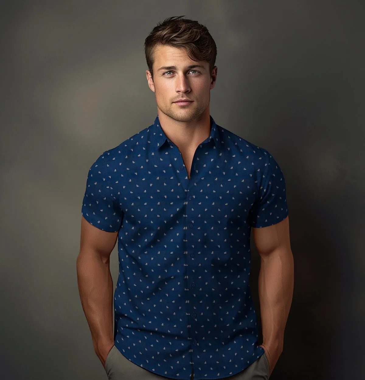 Pure Cotton - Semi-Spread Collar - Short Sleeve - Navy Palms sold by Airthreads product image thumbnail 4