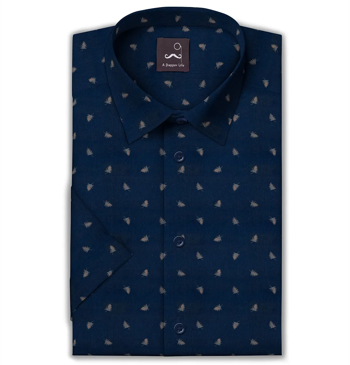 Pure Cotton - Semi-Spread Collar - Short Sleeve - Navy Palms sold by Airthreads