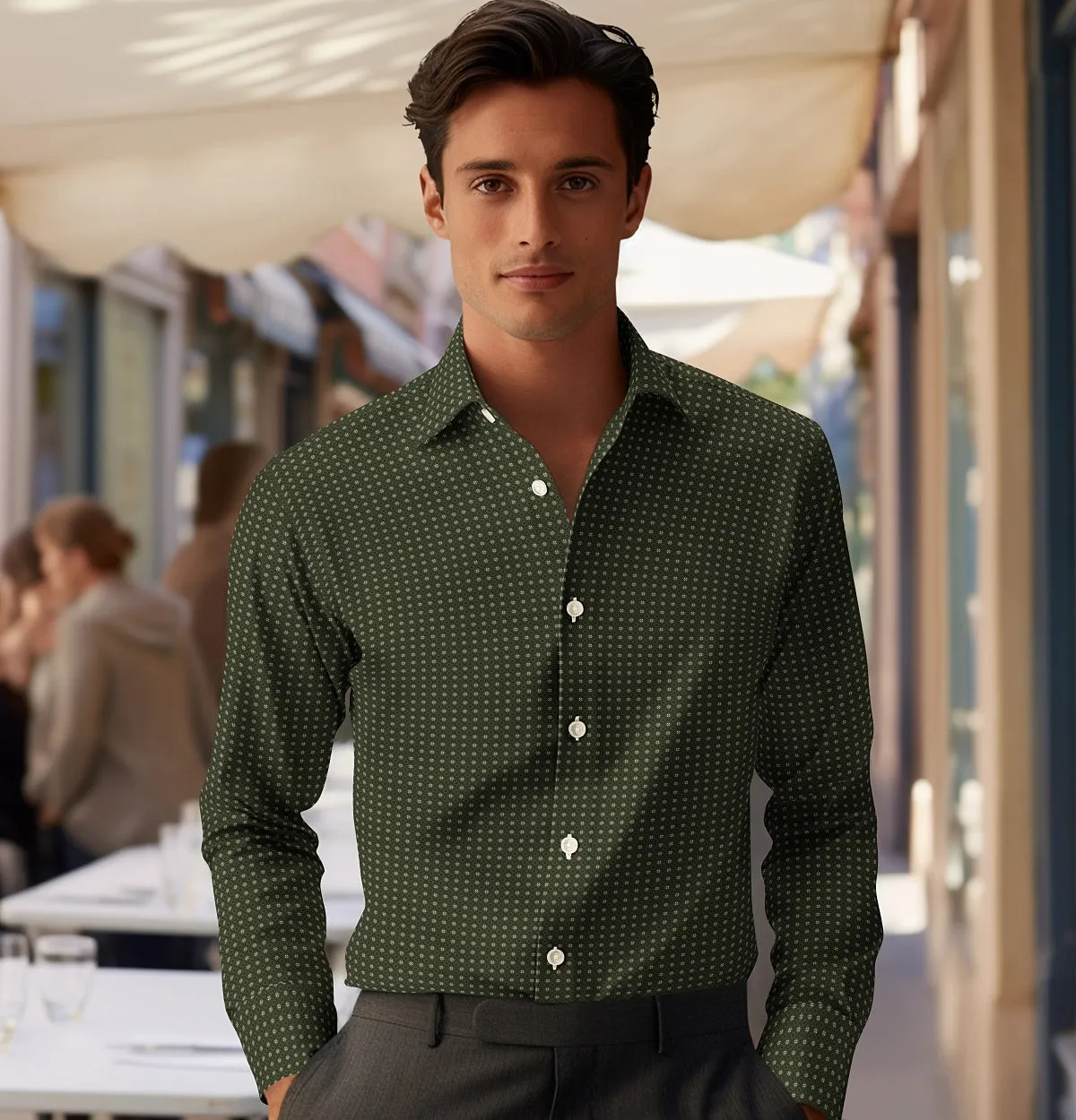 Pure Cotton - Semi-Spread Collar - Long Sleeve - Olive Diamond Grid sold by Airthreads product image thumbnail 3