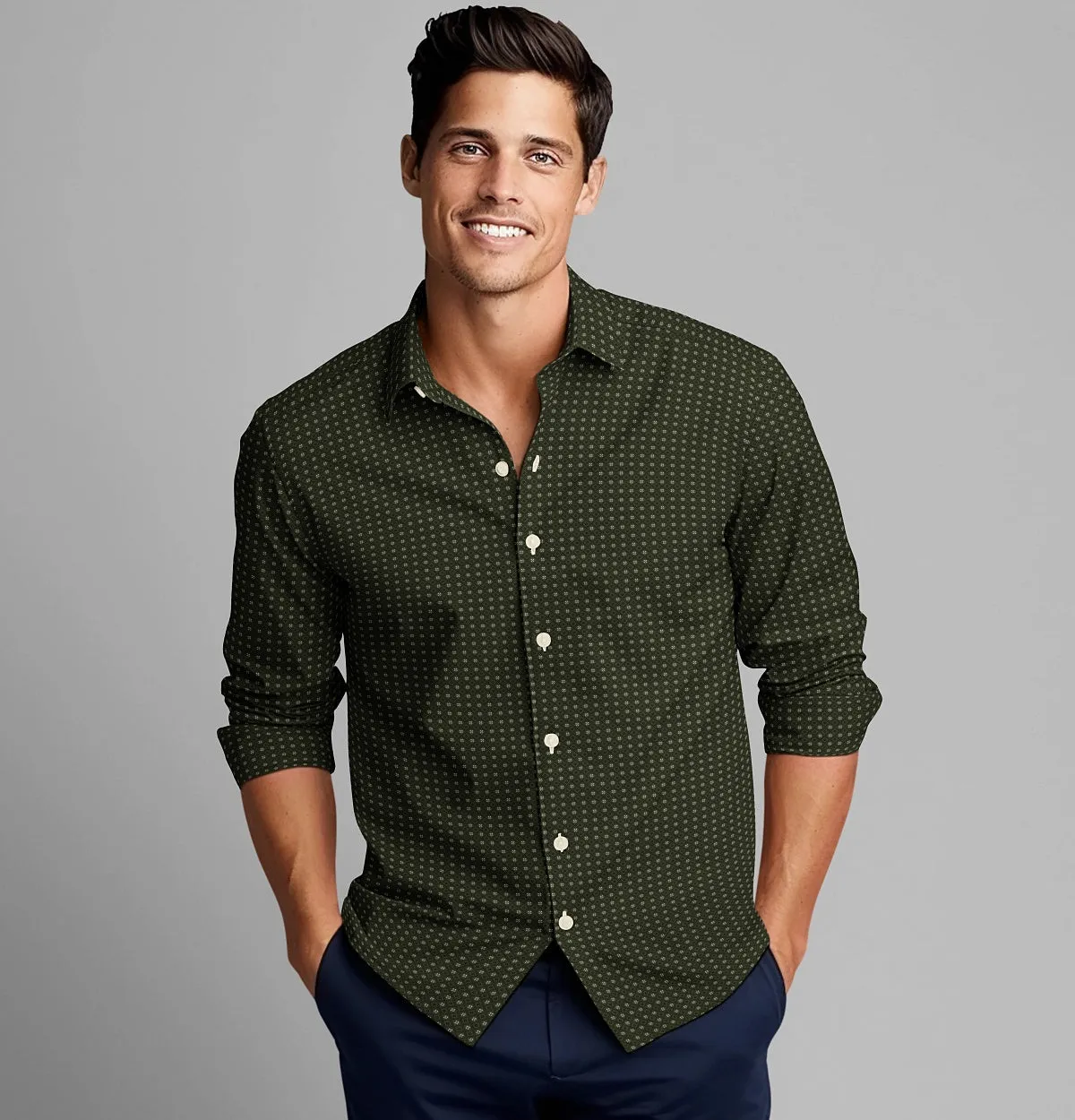 Pure Cotton - Semi-Spread Collar - Long Sleeve - Olive Diamond Grid sold by Airthreads product image thumbnail 4