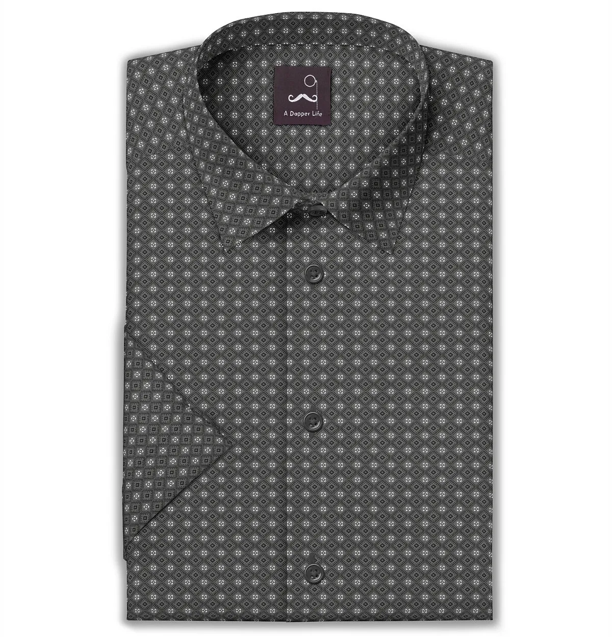 Pure Cotton - Semi-Spread Collar - Short Sleeve - Graphite Diamond Grid sold by Airthreads