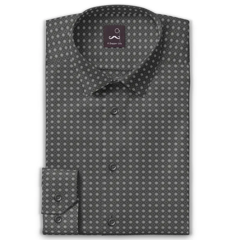 Pure Cotton - Semi-Spread Collar - Long Sleeve - Graphite Diamond Grid sold by Airthreads