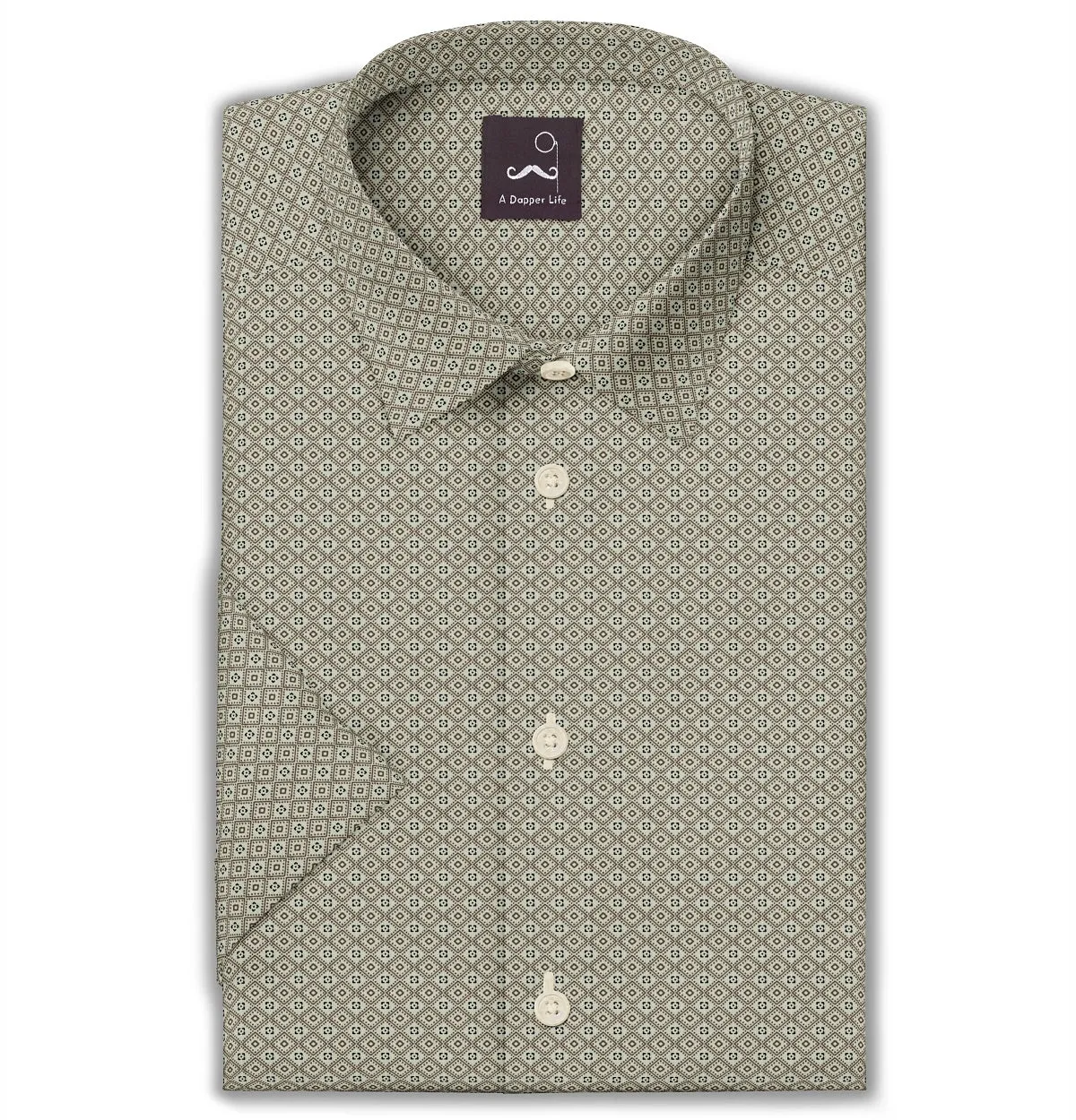Pure Cotton - Semi-Spread Collar - Short Sleeve - Beige Diamond Grid sold by Airthreads