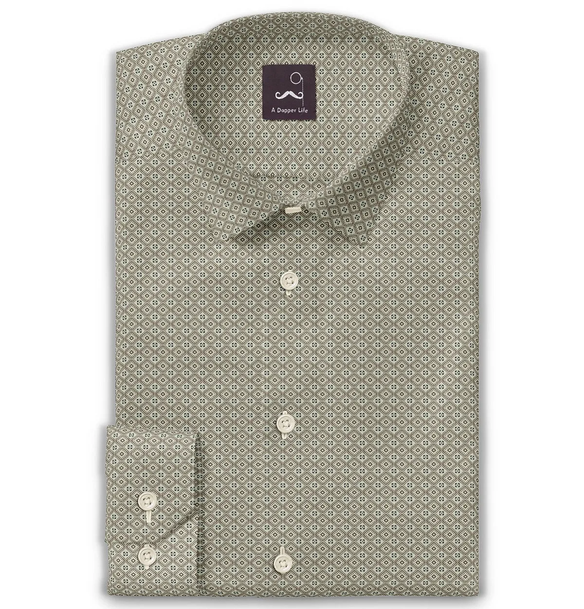 Pure Cotton - Semi-Spread Collar - Long Sleeve - Beige Diamond Grid sold by Airthreads