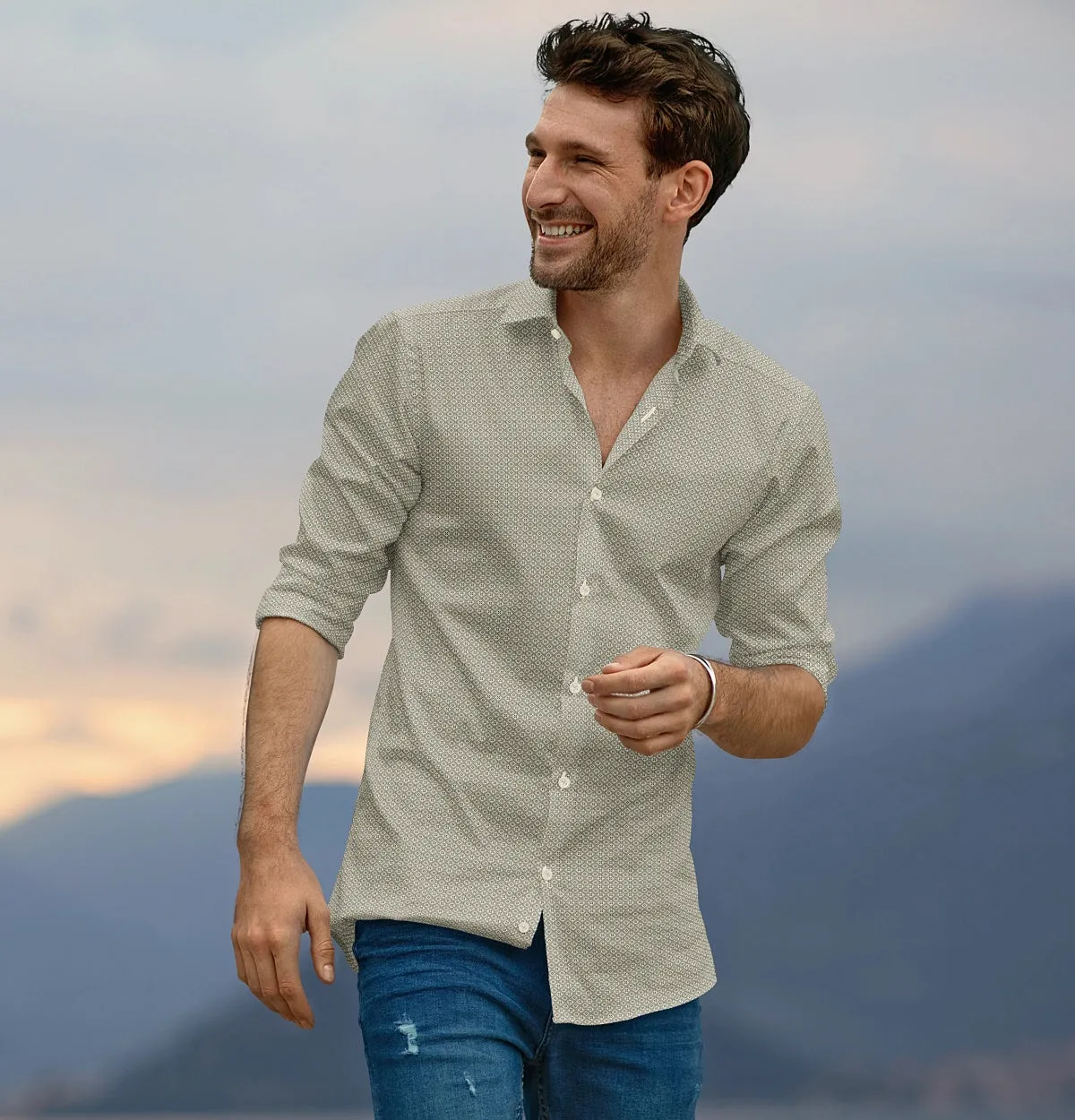 Pure Cotton - Semi-Spread Collar - Long Sleeve - Beige Diamond Grid sold by Airthreads product image thumbnail 4