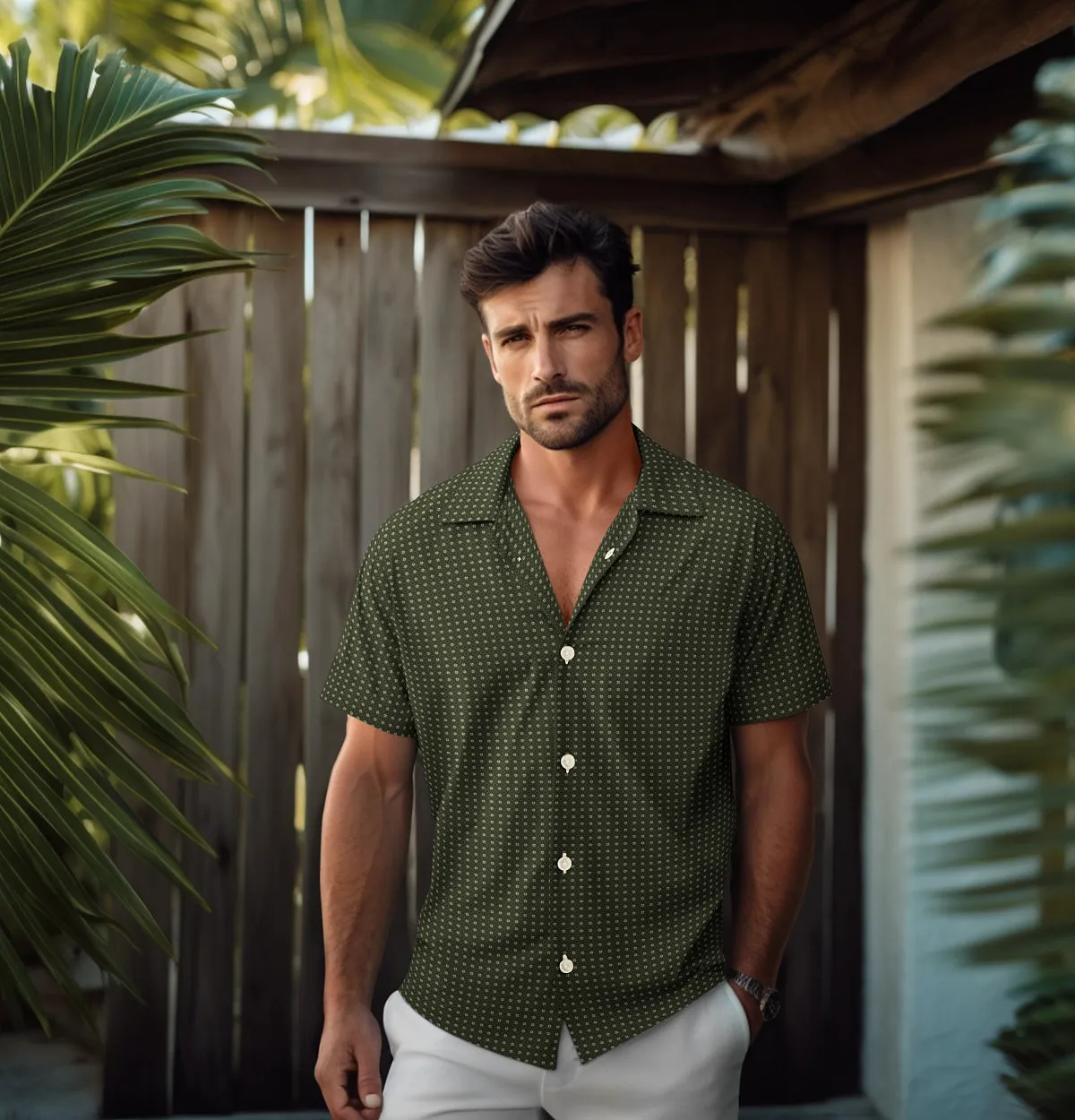 Pure Cotton - Camp Collar - Short Sleeve - Olive Diamond Grid sold by Airthreads product image thumbnail 3