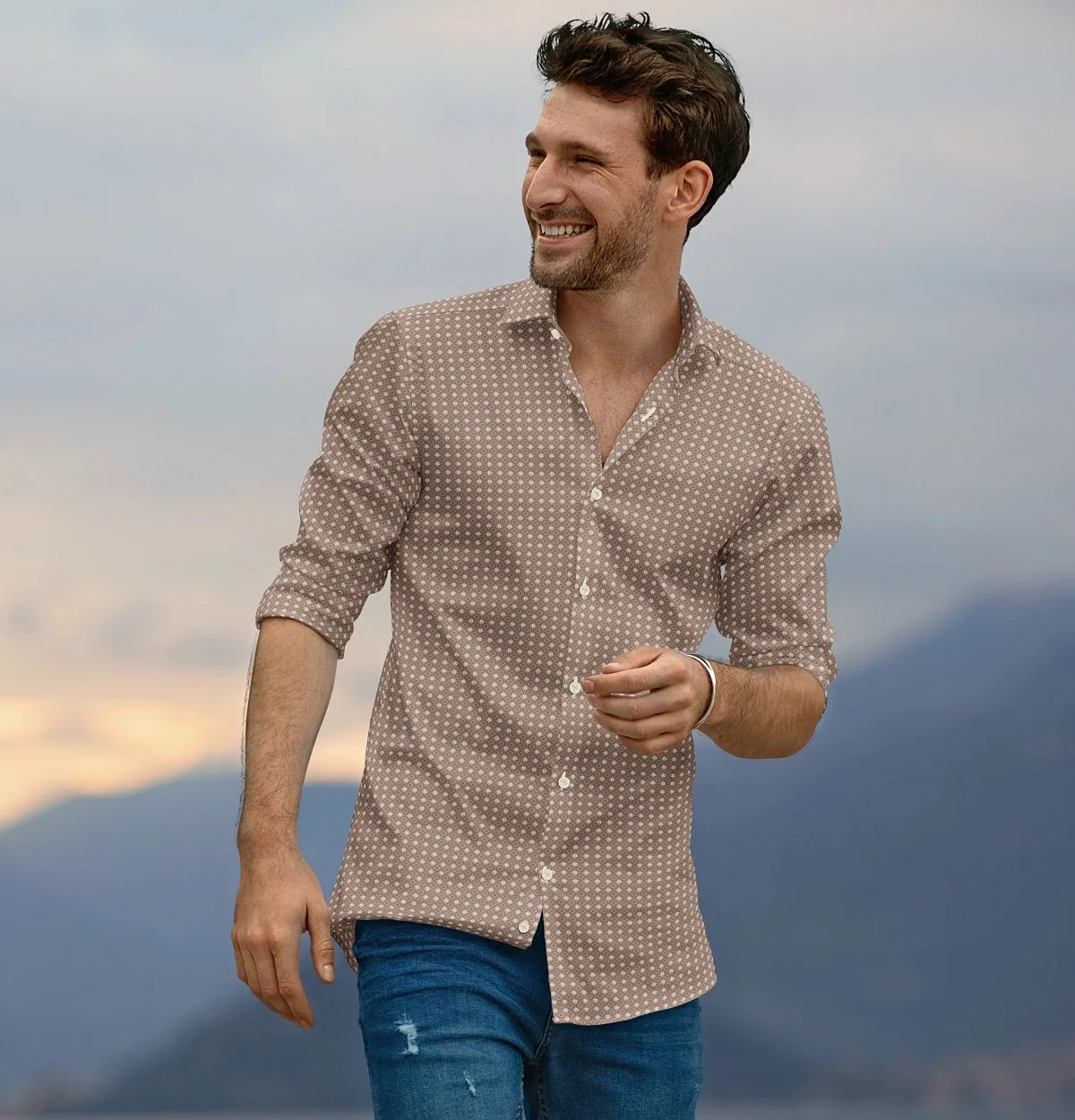 Pure Cotton - Semi-Spread Collar - Long Sleeve - Mocha Diamond Grid sold by Airthreads product image thumbnail 4